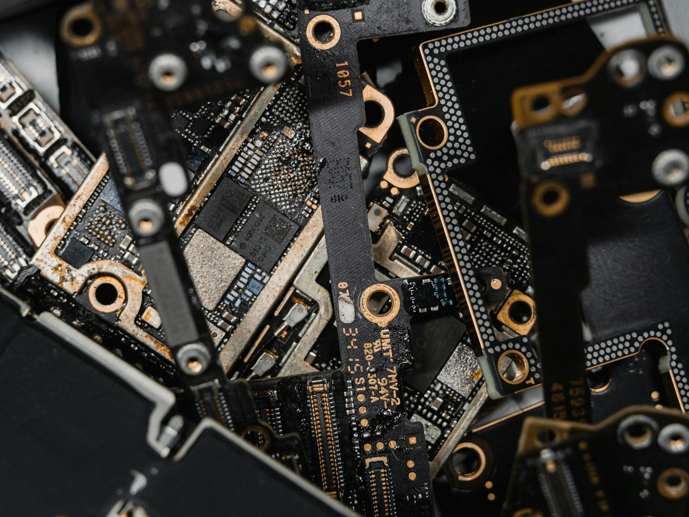 A detailed close-up of assorted electronic circuit board components.